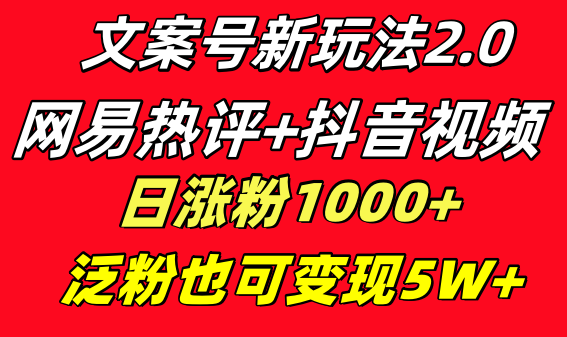 文案号新玩法 网易热评+抖音文案 一天涨粉1000+ 多种变现模式 泛粉也可变现-行动派